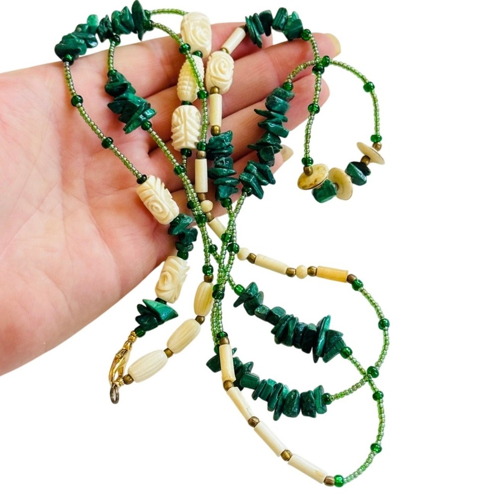 VTG Green Malachite Stone Beaded Necklace brass beads Natural Genuine strand 50"